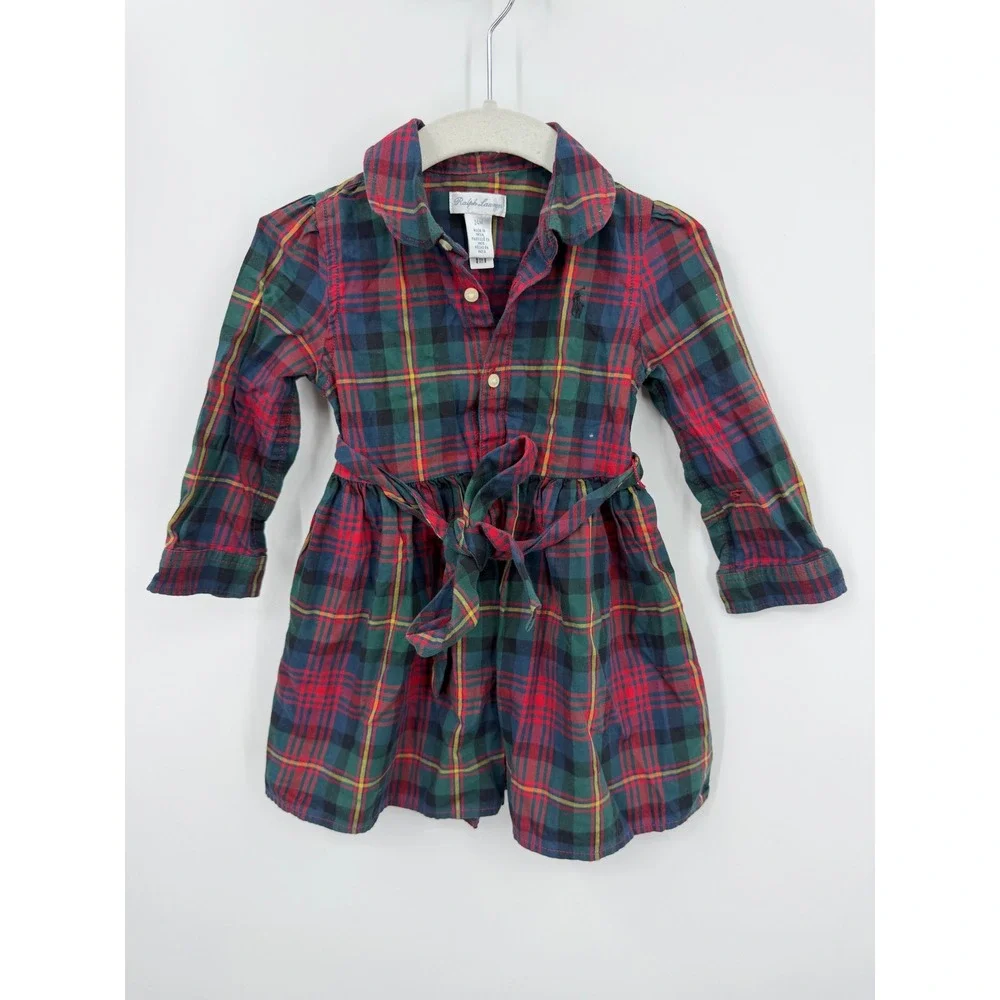 Ralph Lauren Plaid Shirtdress Toddler Girls 24M Multi Color Tartan Belted Pony